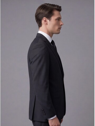 Siyah Çizgili Yünlü Mono Yaka Regular Fit 2 Düğme Takım Elbise