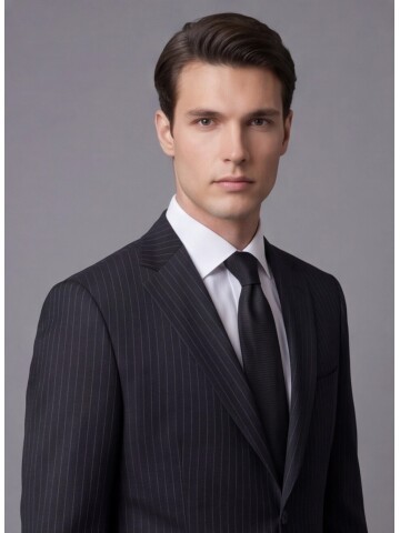 Siyah Çizgili Yünlü Mono Yaka Regular Fit 2 Düğme Takım Elbise