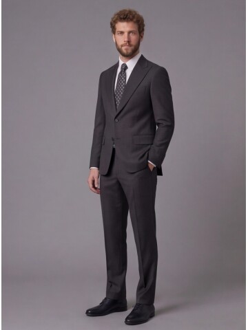 Siyah Çizgili Yünlü Sivri Yaka Comfort Fit Takım Elbise