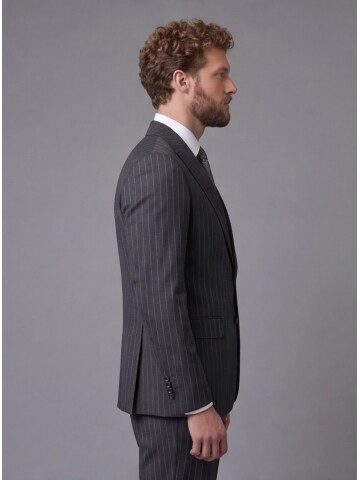 Siyah Çizgili Yünlü Sivri Yaka Comfort Fit Takım Elbise