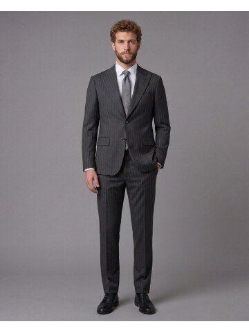 Siyah Çizgili Yünlü Sivri Yaka Comfort Fit Takım Elbise