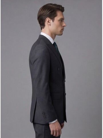 Siyah Çizgili Yünlü Sivri Yaka Kruvaze Regular Fit 6 Düğme Takım Elbise