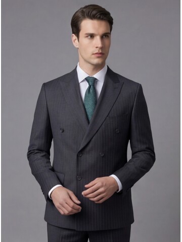 Siyah Çizgili Yünlü Sivri Yaka Kruvaze Regular Fit 6 Düğme Takım Elbise