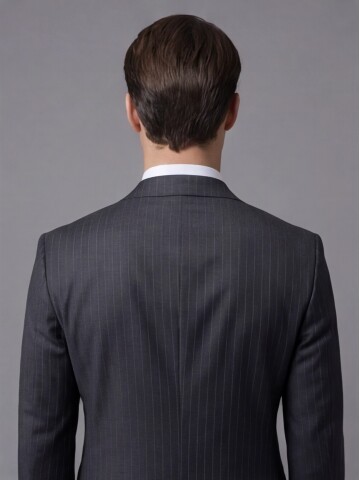 Siyah Çizgili Yünlü Sivri Yaka Kruvaze Regular Fit 6 Düğme Takım Elbise