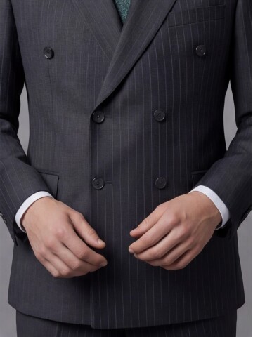 Siyah Çizgili Yünlü Sivri Yaka Kruvaze Regular Fit 6 Düğme Takım Elbise