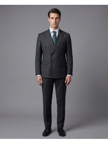 Siyah Çizgili Yünlü Sivri Yaka Kruvaze Regular Fit 6 Düğme Takım Elbise