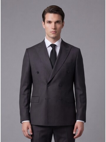 Siyah Çizgili Yünlü Sivri Yaka Kruvaze Regular Fit 6 Düğme Takım Elbise