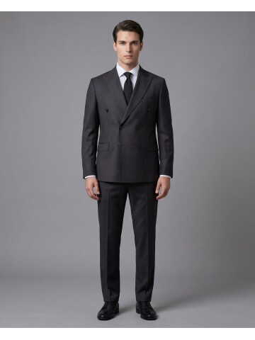 Siyah Çizgili Yünlü Sivri Yaka Kruvaze Regular Fit 6 Düğme Takım Elbise