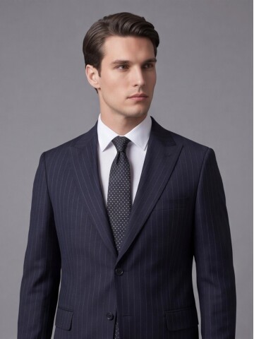 Siyah Çizgili Yünlü Sivri Yaka Regular Fit Takım Elbise