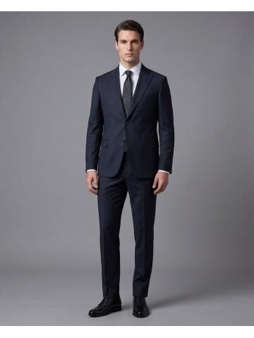 Siyah Çizgili Yünlü Sivri Yaka Regular Fit Takım Elbise