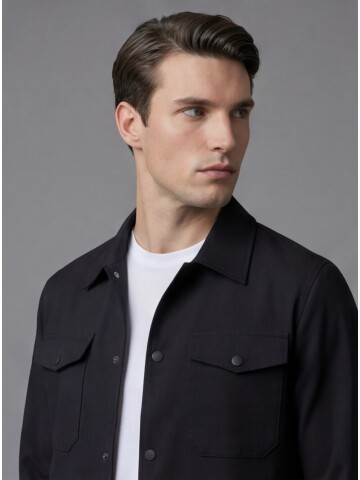 Black Comfort Fit Shirt Collar Safari Pocket Sporty Suit