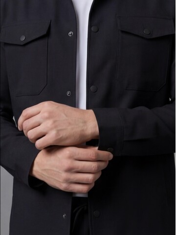 Black Comfort Fit Shirt Collar Safari Pocket Sporty Suit