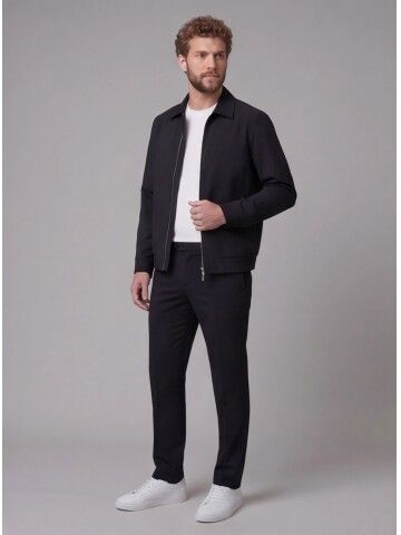 Siyah Gömlek Yaka Fermuarlı Spor Takım Elbise