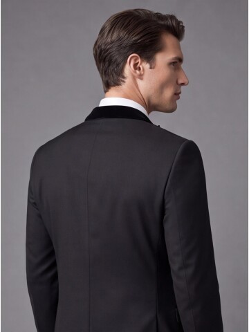 Siyah Kadife Çıkma Yaka Slim Fit Damatlık