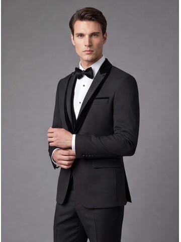 Siyah Kadife Çıkma Yaka Slim Fit Damatlık