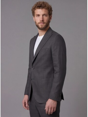 Siyah Keten Sivri Yaka Comfort Fit Torba Cep 2 Düğme Takım Elbise