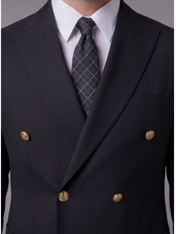 Siyah Kruvaze Sivri Yaka Slim Fit 6 Düğmeli Takım Elbise