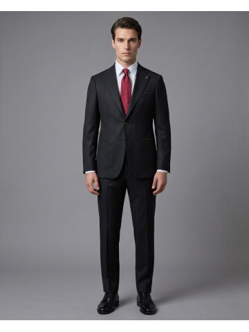 Siyah Mono Yaka Çift Düğmeli Takım Elbise