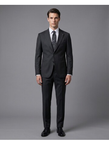 Siyah Mono Yaka Çift Düğmeli Takım Elbise