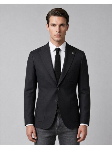 Black Notch Lapel Pleated Patch Pocket Blazer