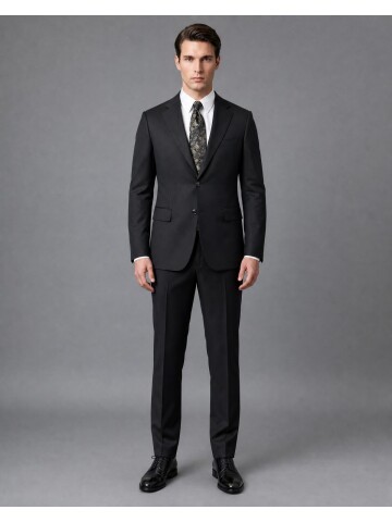 Siyah Mono Yaka Slim Fit 2 Düğme Takım Elbise