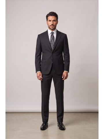 Black Notch Lapel Woolen 2 Button Comfort Fit Suit