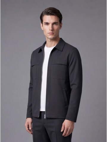 Black Zippered Safari Pocket Comfort Fit Casual Suit