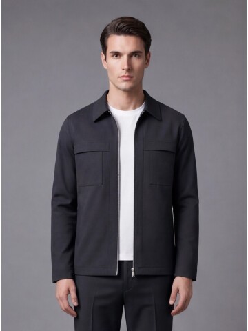Black Zippered Safari Pocket Comfort Fit Casual Suit
