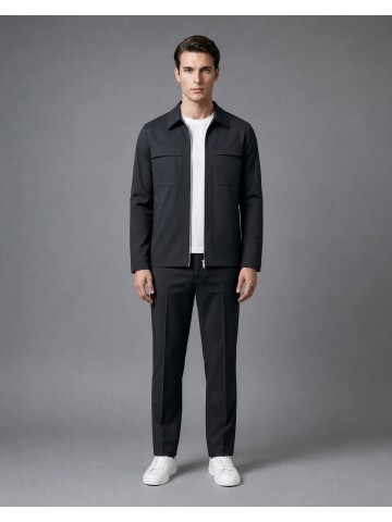 Black Zippered Safari Pocket Comfort Fit Casual Suit