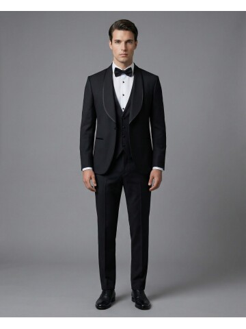 Siyah Şal Yaka Yelekli Damatlık