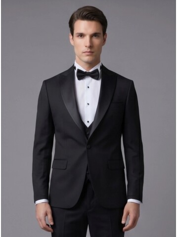 Siyah Sivri Çıkma Yaka Tek Düğme Slim Fit Yelekli Damatlık