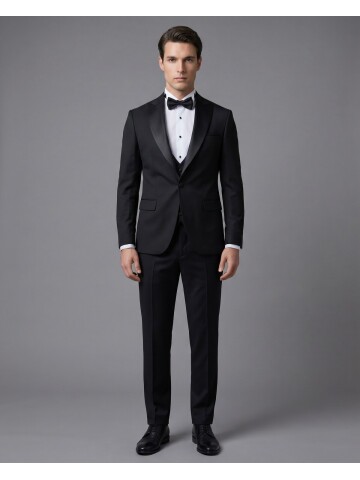 Siyah Sivri Çıkma Yaka Tek Düğme Slim Fit Yelekli Damatlık