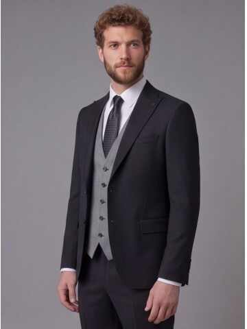 Siyah Sivri Yaka Çift Düğmeli Slim Fit Yelekli Takım Elbise