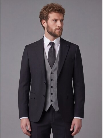 Siyah Sivri Yaka Çift Düğmeli Slim Fit Yelekli Takım Elbise