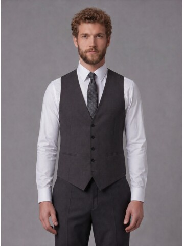 Siyah Sivri Yaka Çift Düğmeli Slim Fit Yelekli Takım Elbise