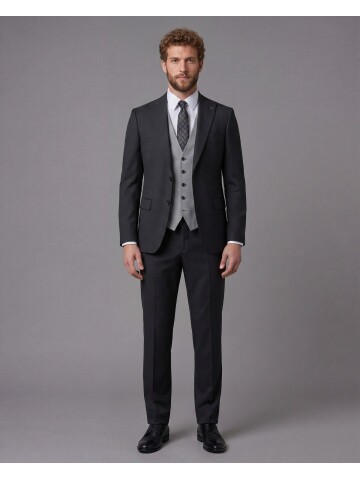 Siyah Sivri Yaka Çift Düğmeli Slim Fit Yelekli Takım Elbise