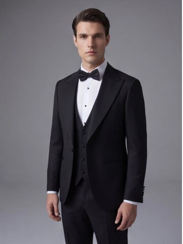 Siyah Sivri Yaka Slim Fit Tek Düğmeli Damatlık