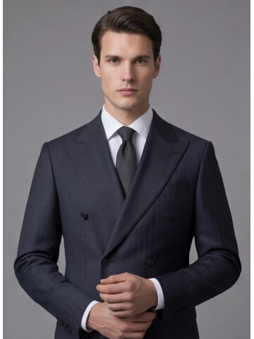 Siyah Sivri Yaka Yünlü Kruvaze Takım Elbise