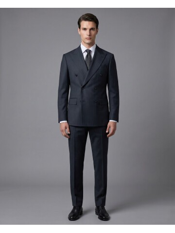 Siyah Sivri Yaka Yünlü Kruvaze Takım Elbise