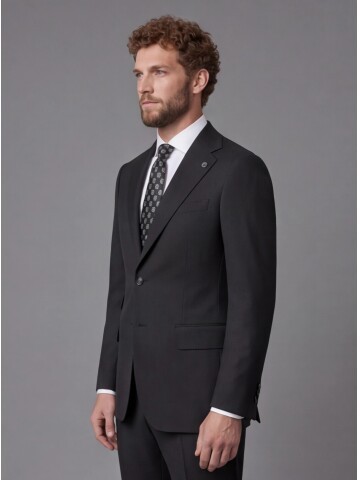Siyah Slim Fit Mono Yaka 2 Düğmeli Takım Elbise