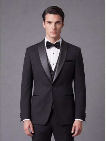 Siyah Slim Fit Şal Yaka Tek Düğme Damatlık