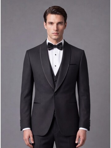 Siyah Slim Fit Şal Yaka Tek Düğme Damatlık