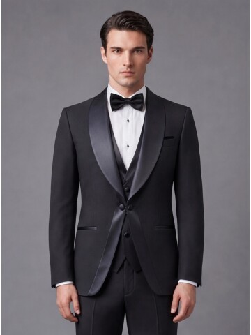 Siyah Slim Fit Şal Yaka Zincir Düğmeli Damatlık
