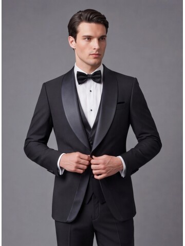 Siyah Slim Fit Şal Yaka Zincir Düğmeli Damatlık