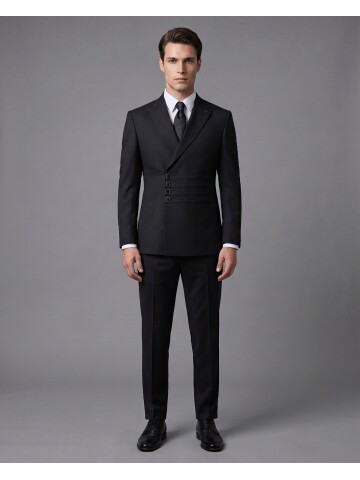 Siyah Slim Fit Sivri Yaka Kruvaze Takım Elbise