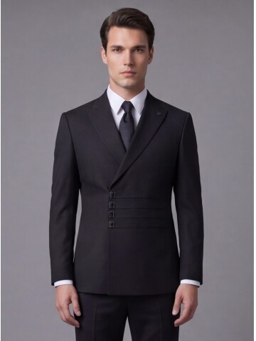 Siyah Slim Fit Sivri Yaka Kruvaze Takım Elbise