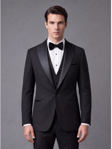 Siyah Slim Fit Sivri Yaka Tek Düğme Damatlık