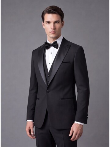 Siyah Slim Fit Sivri Yaka Tek Düğme Damatlık