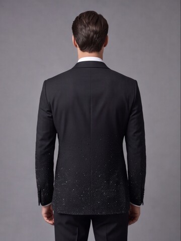 Black Single-Button Peak-Lapel Grooms Suit with Embellishments