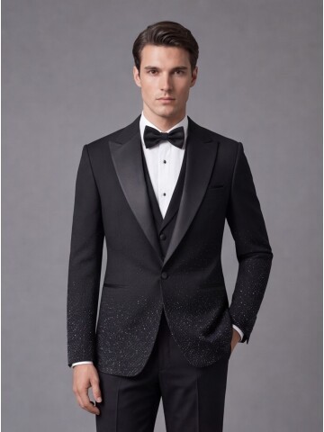 Black Single-Button Peak-Lapel Grooms Suit with Embellishments